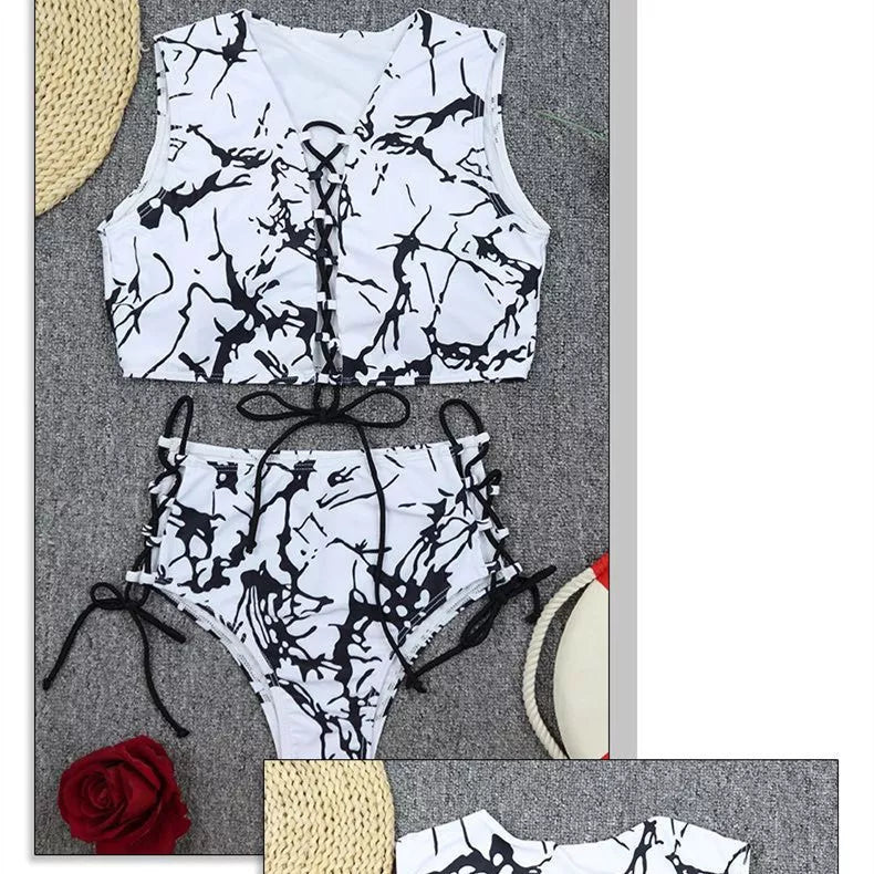 Ladies black and white tie-dye bikini swimwear with adjustable ties