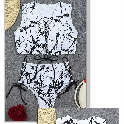 Ladies black and white tie-dye bikini swimwear with adjustable ties