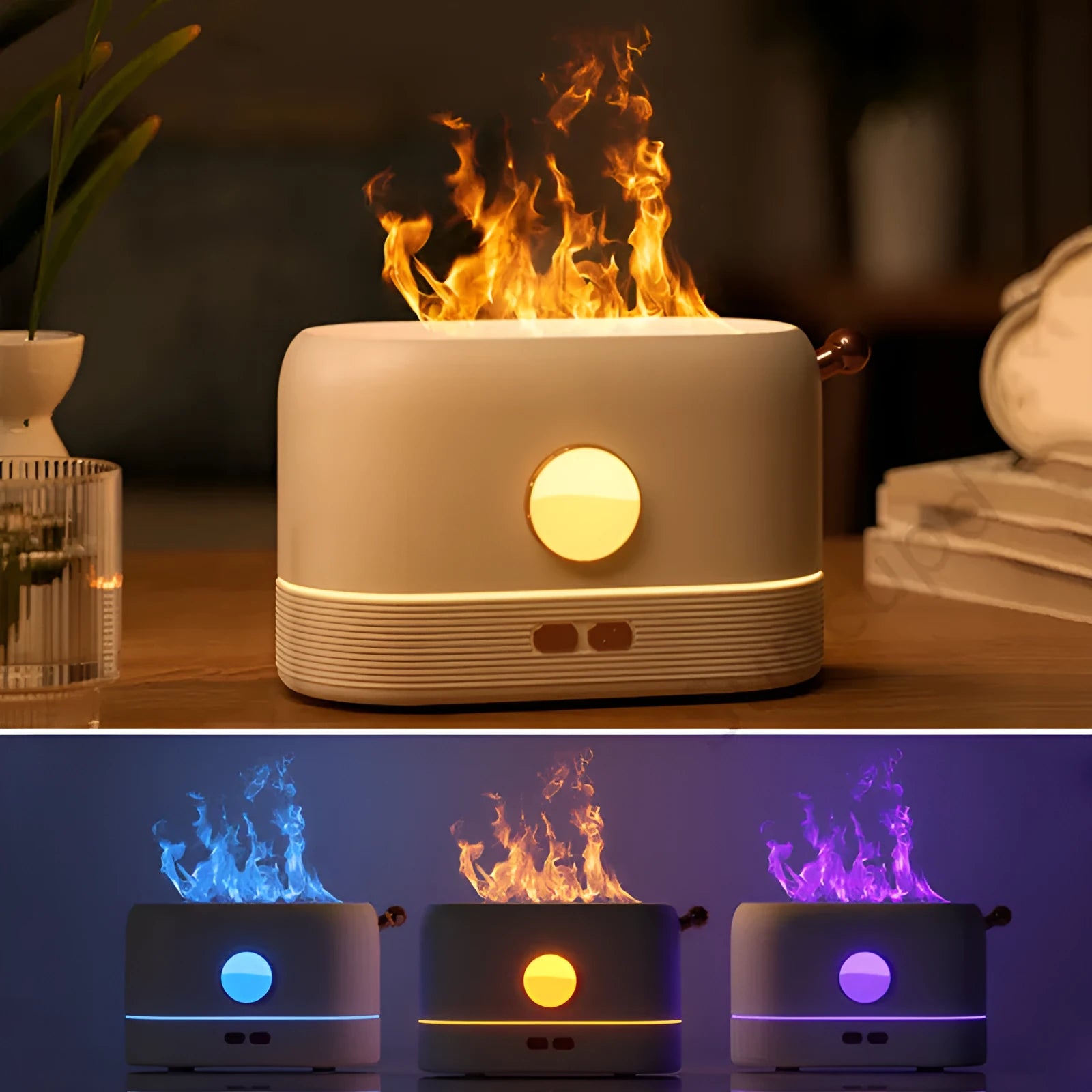 USB desktop humidifier with simulated flame effect and aroma diffusion functionality