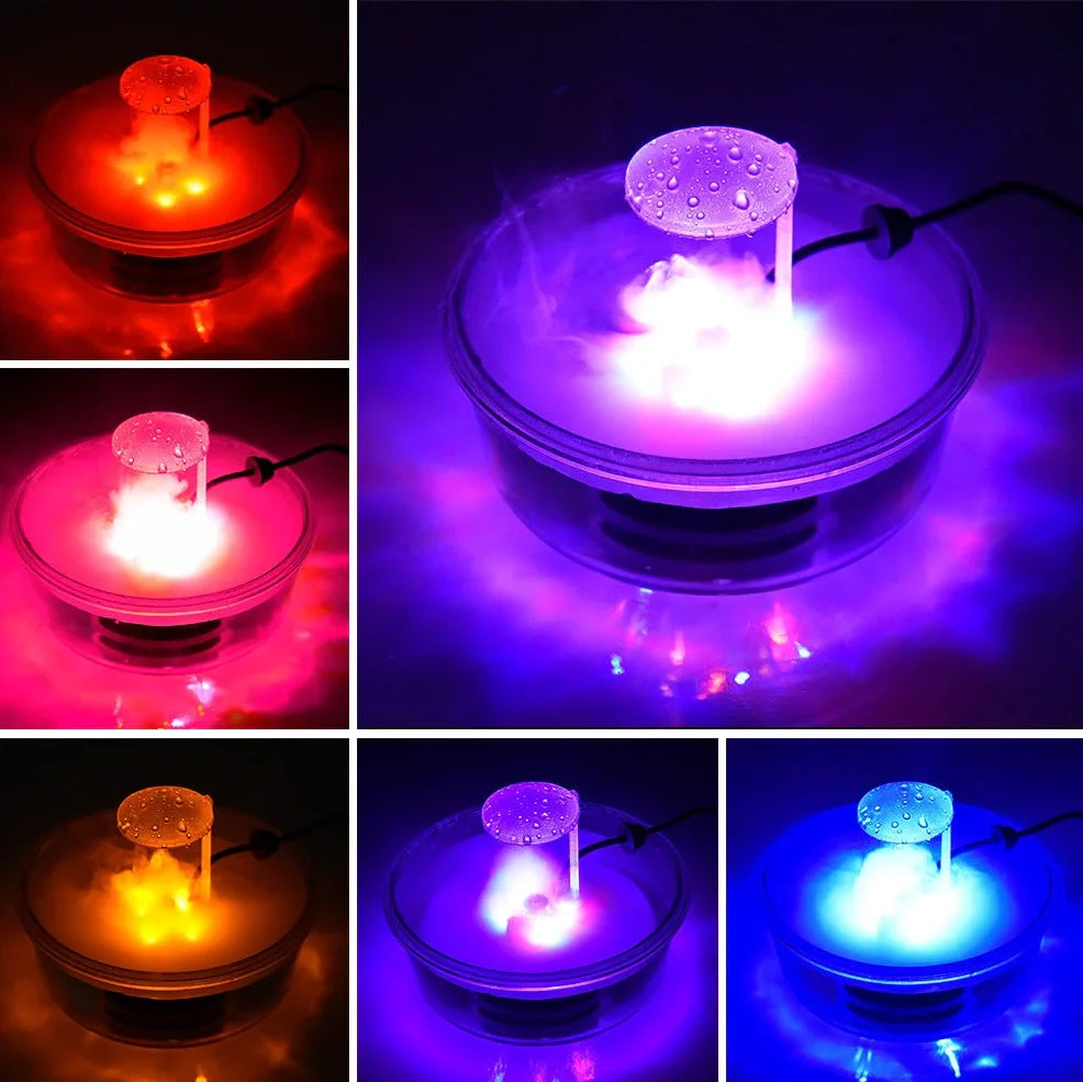 Compact 12-LED ultrasonic mist maker in ABS plastic, producing fog for Halloween fountains, 13x13x11cm size with colour lights