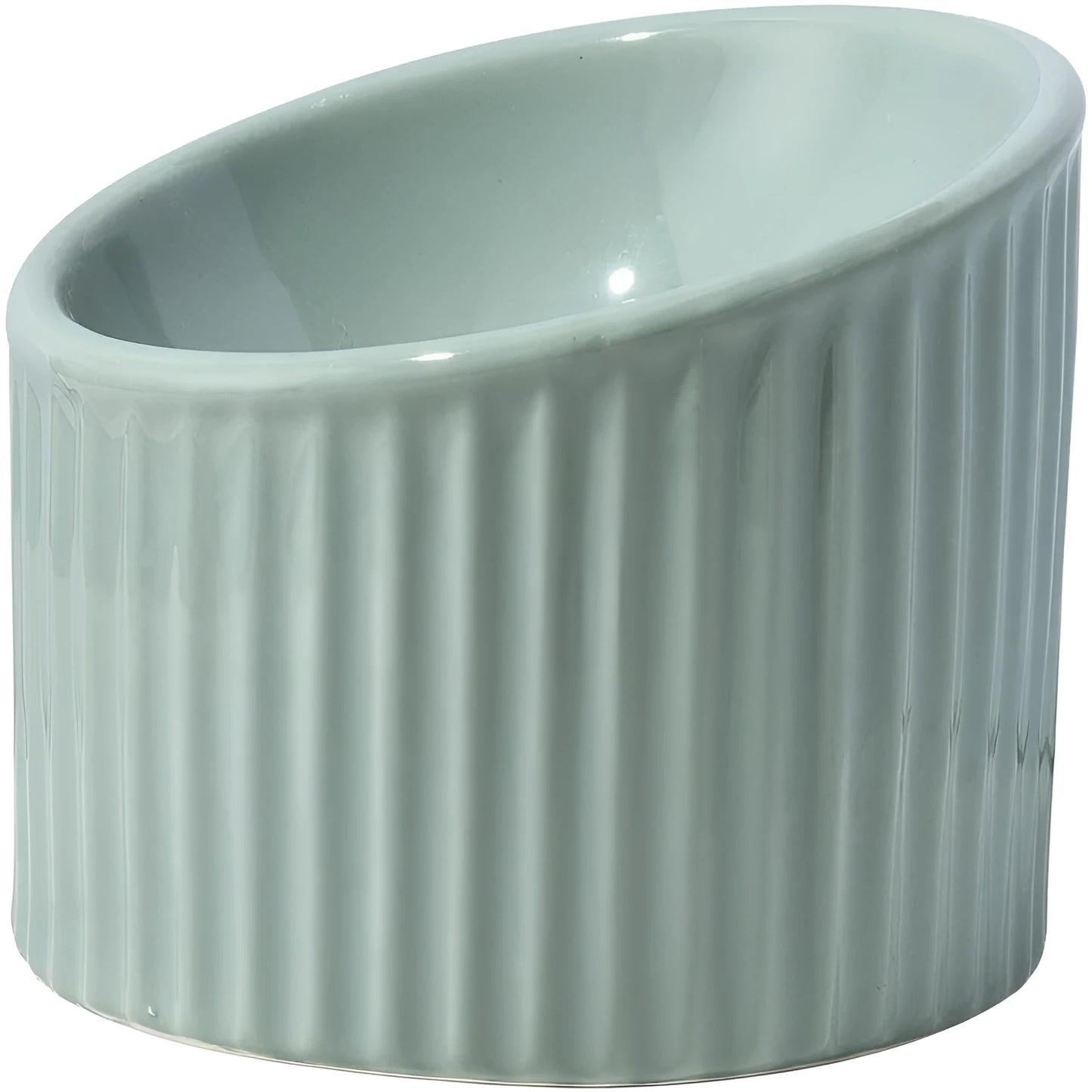 Ceramic elevated cat bowl in green colour showing tilted, round whisker-friendly design.