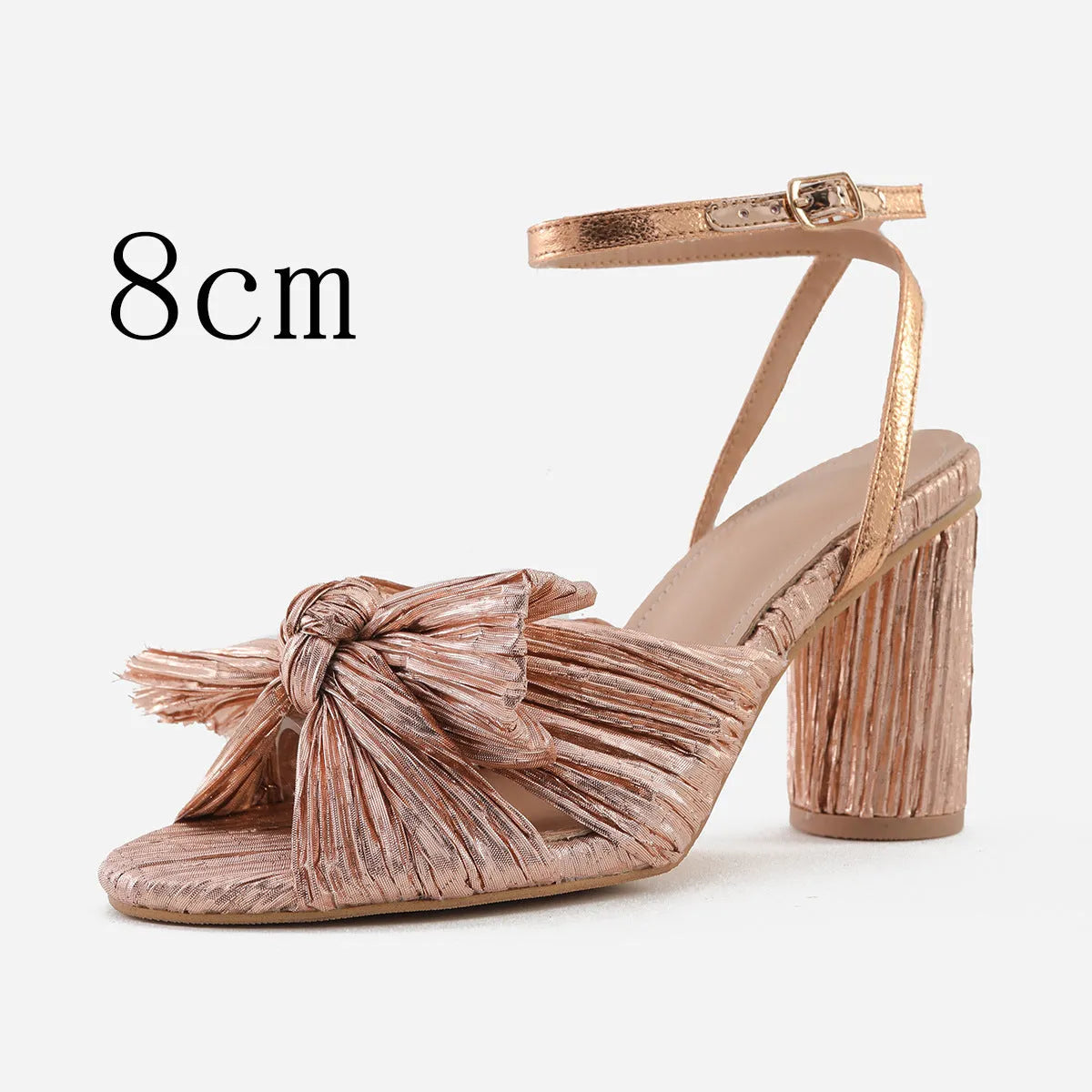 Satin bowknot fish mouth high heel sandals with thick heel and buckle fastening in black