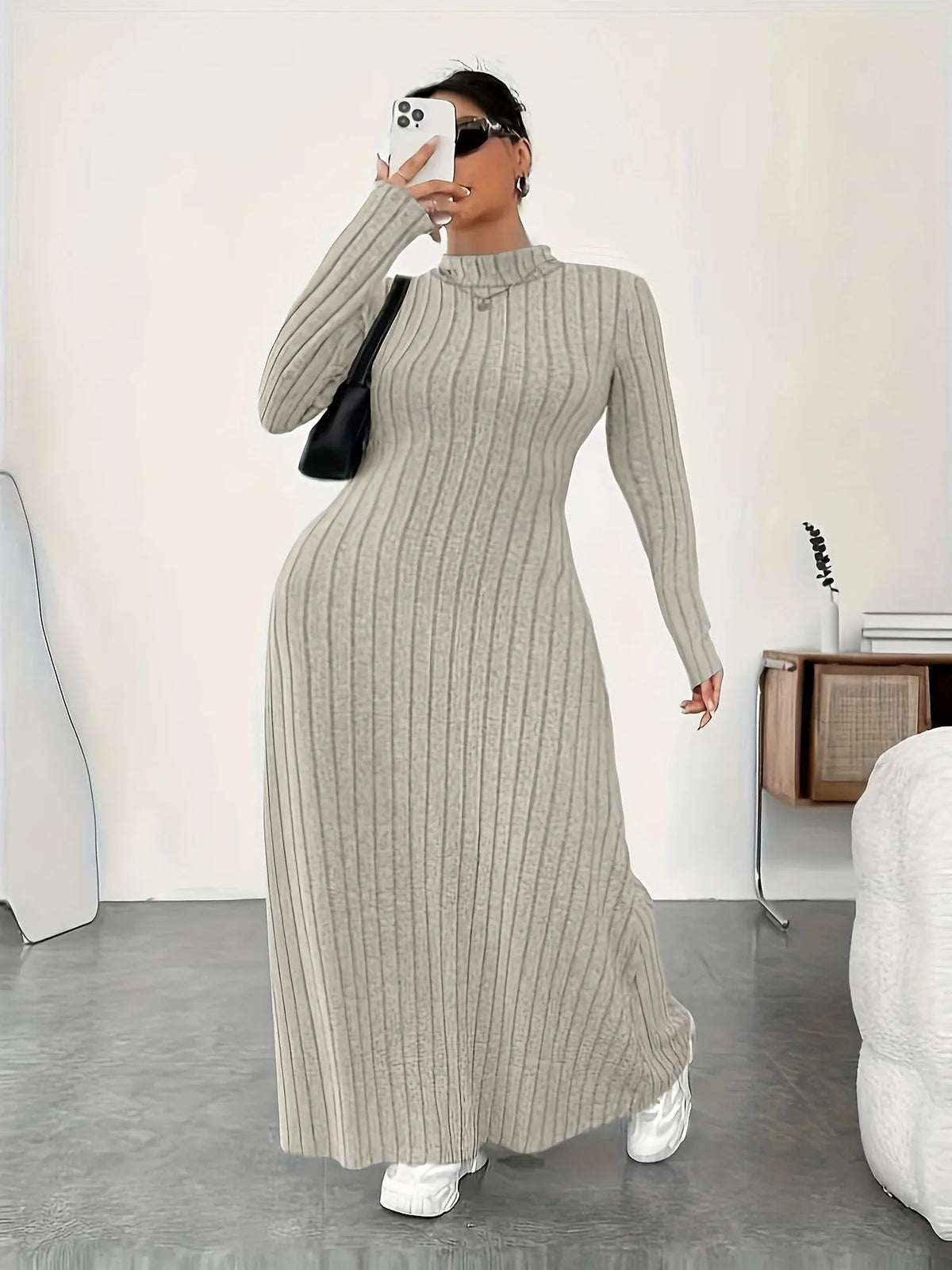 Plus size women's turtleneck long sleeve dress in black, army green, or milky white with stripe pattern, casual autumn winter long skirt.