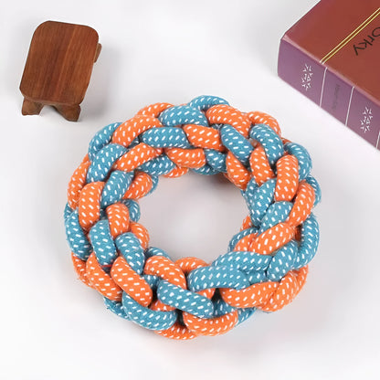 Cotton braided ring knot dog toy showing 18cm diameter, textured knot construction, random colour