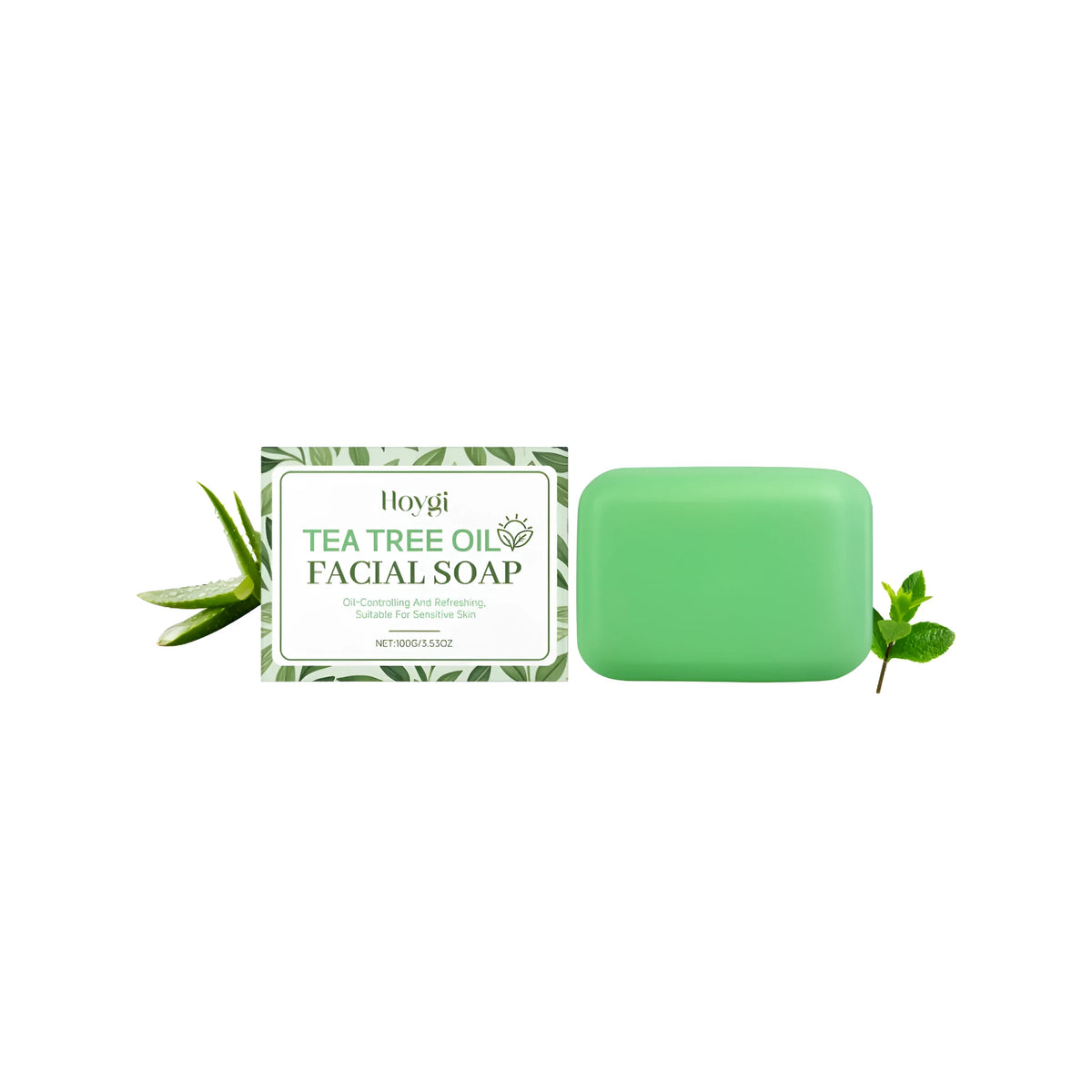 100g bar of tea tree oil cleansing soap with aloe vera and mint leaves.