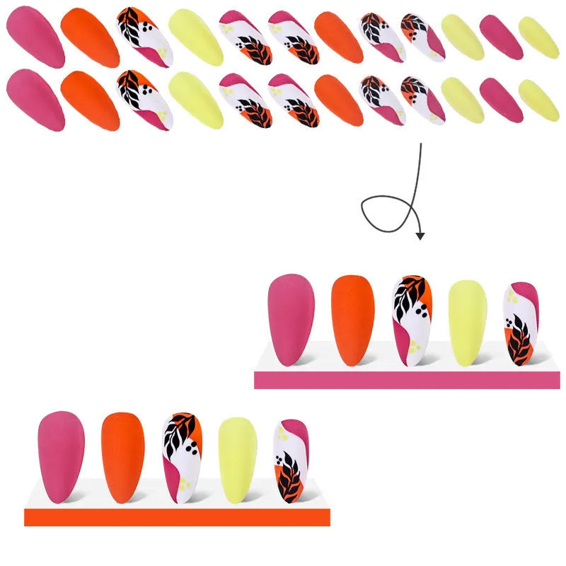 Wear Armour medium almond frosted nail stickers showing four designer patterns including French leaves and leopard print