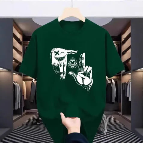 Men's mesh T-shirt with cartoon pattern in bird eye cloth polyester, showing round neck and short sleeve design