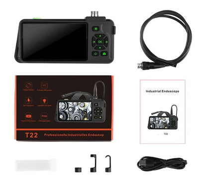 Handheld industrial endoscope with a 4.5-inch screen and a 1-metre black probe cable extended.