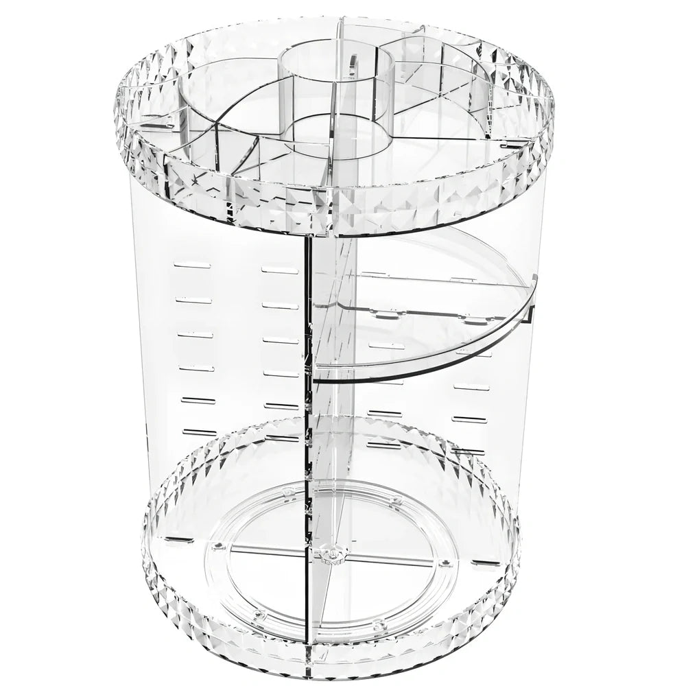 Transparent rotating cosmetics storage rack on table, diamond pattern style, holding skincare bottles, 25cm height