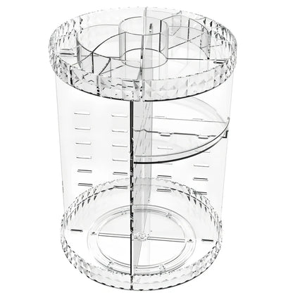 Transparent rotating cosmetics storage rack on table, diamond pattern style, holding skincare bottles, 25cm height
