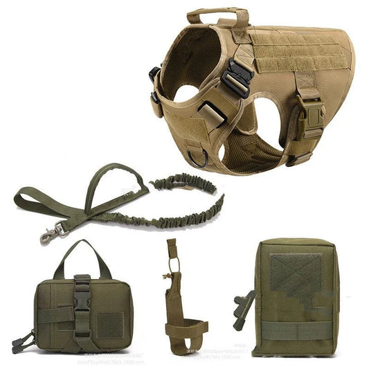 Premium tactical dog harness with reinforced metal buckles, customizable morale patches, and a top handle for control and lifting.