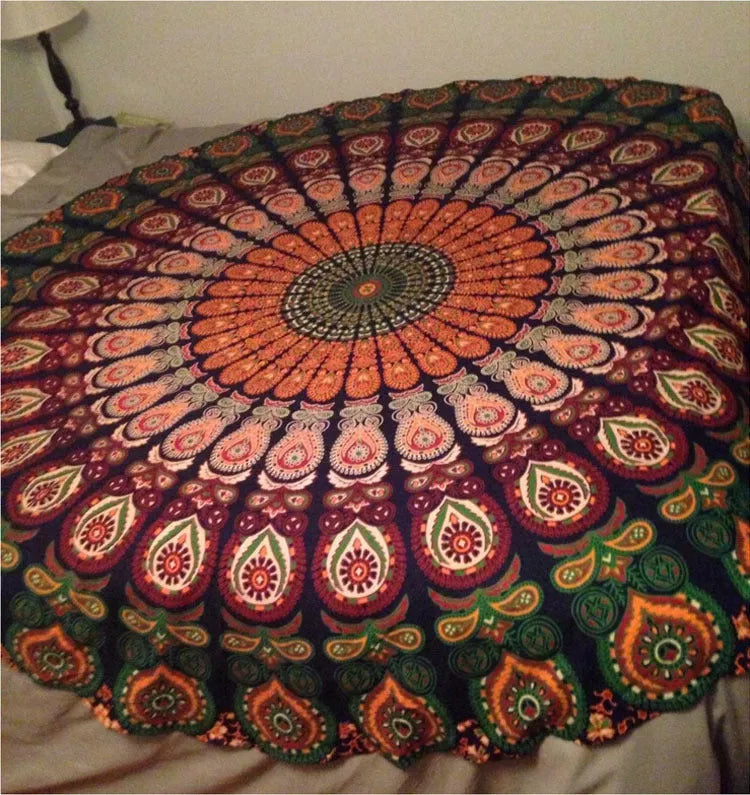 Printed round beach towels and yoga mat set for outdoor relaxation and exercise
