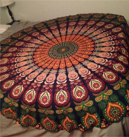 Green printed round beach towel and yoga mat, 150cm diameter