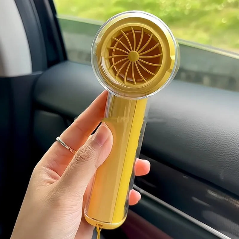 Small handheld refrigeration fan with ice compress function in black, white, or yellow colour.