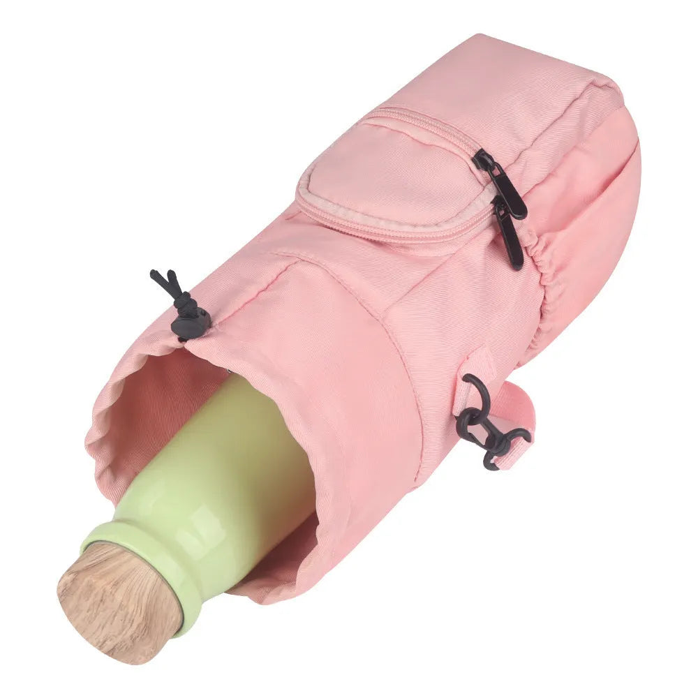 Black cloth crossbody water bottle pouch bag holding a reusable flask.