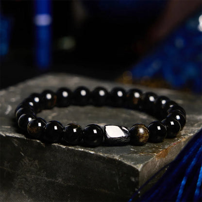 Natural obsidian single ring bracelet with 8mm beads and retro constellation design.