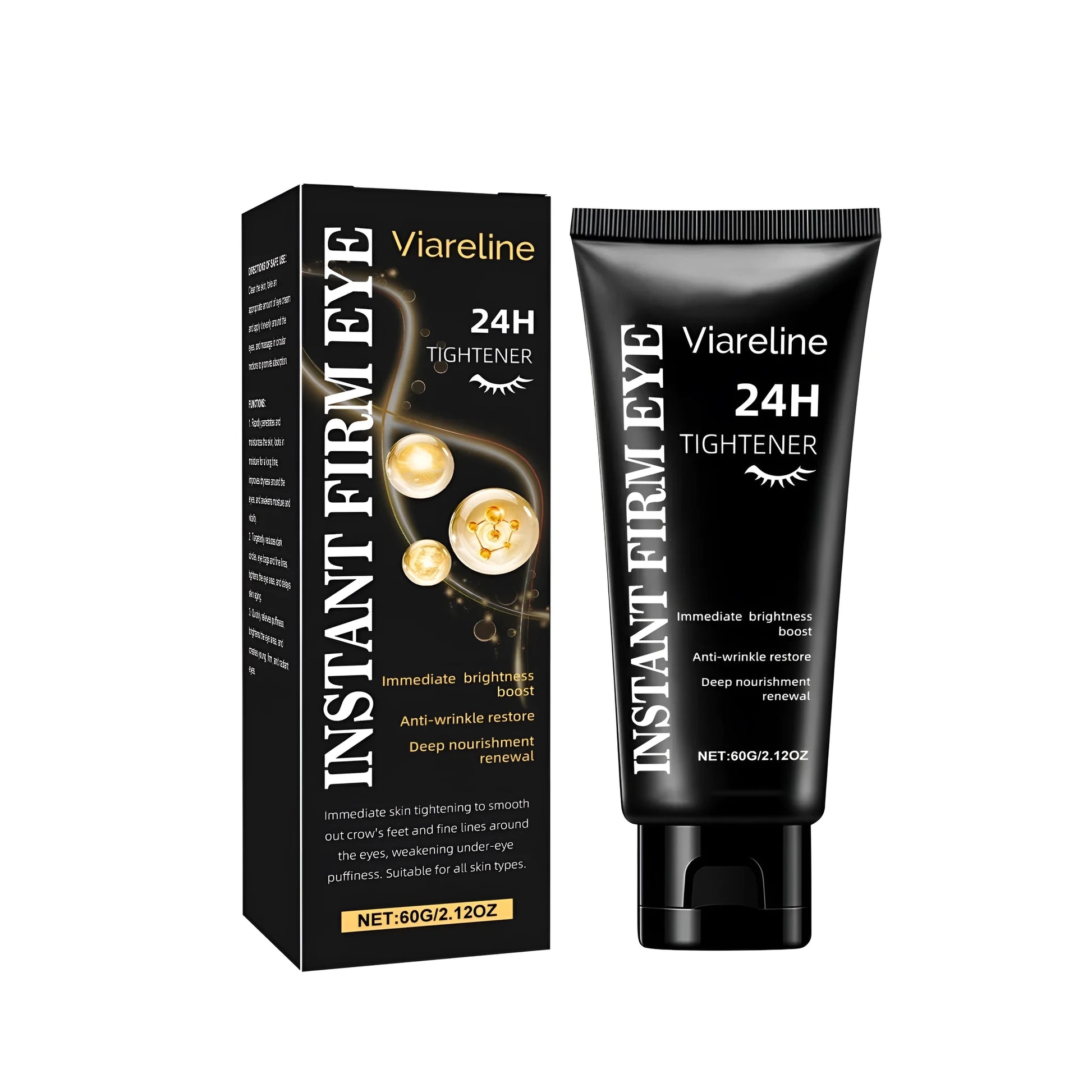 60g jar of anti-ageing eye cream with hyaluronic acid and collagen for wrinkles.