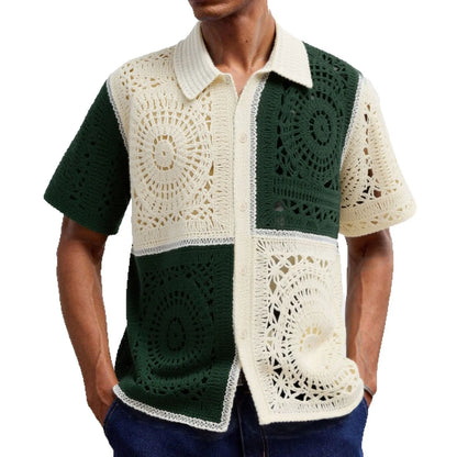 Beige men's knit shirt with colourblock pattern and flocking detail on short sleeves