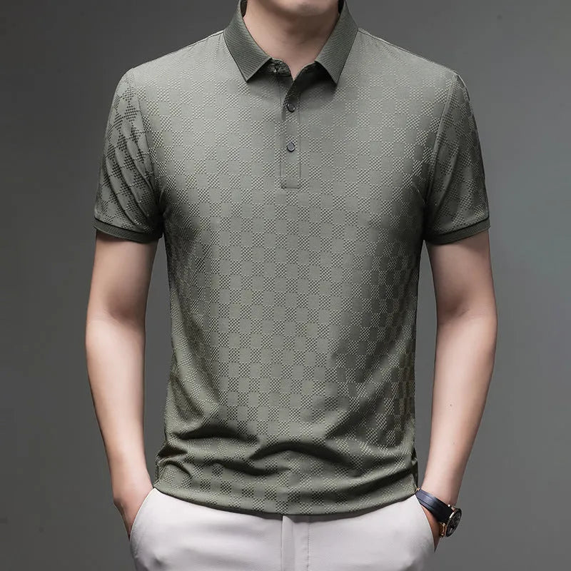 Rhombus thin ice silk short sleeve t-shirt in black with slit detail, showing stretchy fabric and fit