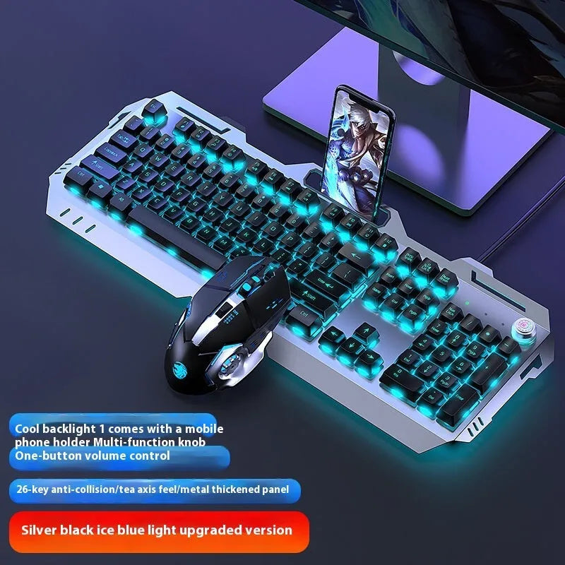 Aluminium alloy mechanical gaming keyboard with rainbow lighting, shown with a macro mouse and gaming headset.