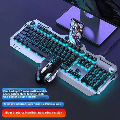 Aluminium alloy mechanical gaming keyboard with rainbow lighting, shown with a macro mouse and gaming headset.