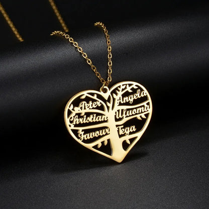 Personalised heart tree necklace with custom name engraving in titanium steel