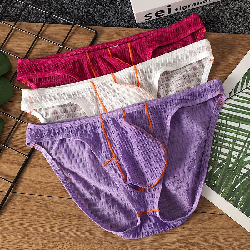 Men's low waist lace briefs in white, black, green, rose red, and light purple colours on size chart