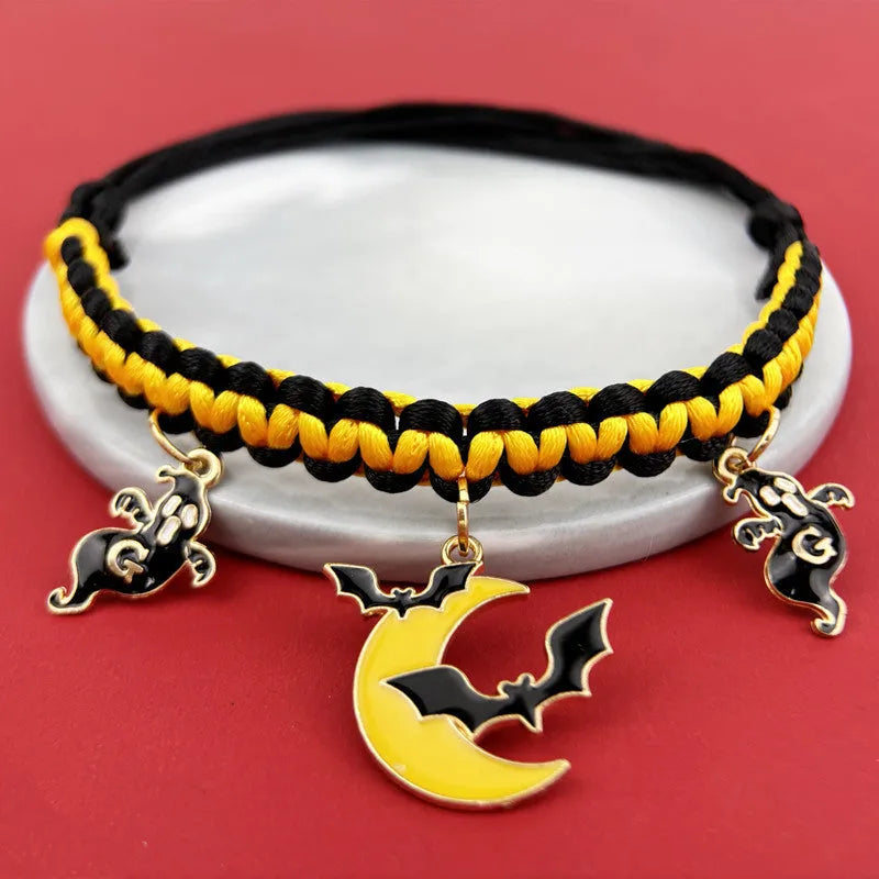 Halloween pet collar decoration with zinc alloy charms in pumpkin bat design on a black collar