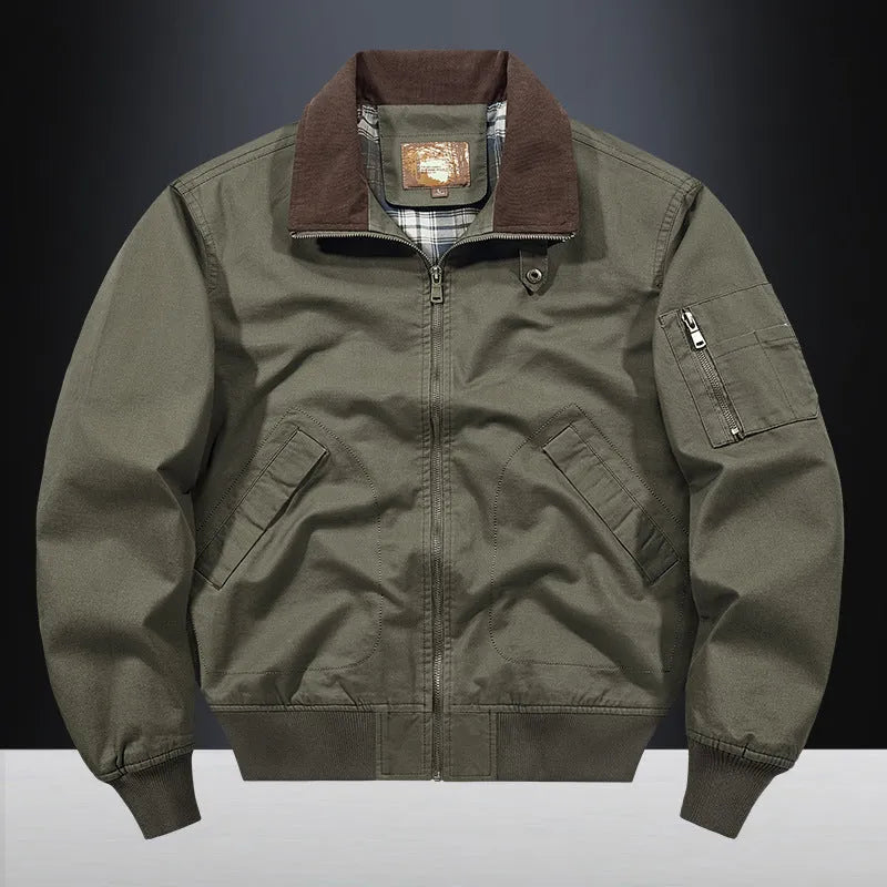 Men's plus-size washed cotton baseball flight jacket in camel, black, army green, or beige.