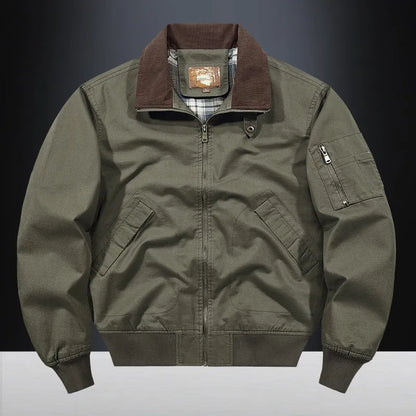 Men's plus-size washed cotton baseball flight jacket in camel, black, army green, or beige.