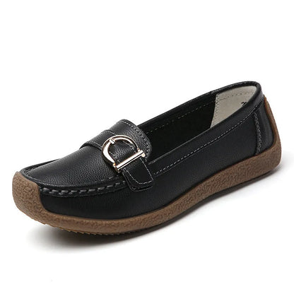 Women's beige casual loafers with a round toe and shallow-cut vamp on a beef tendon sole.