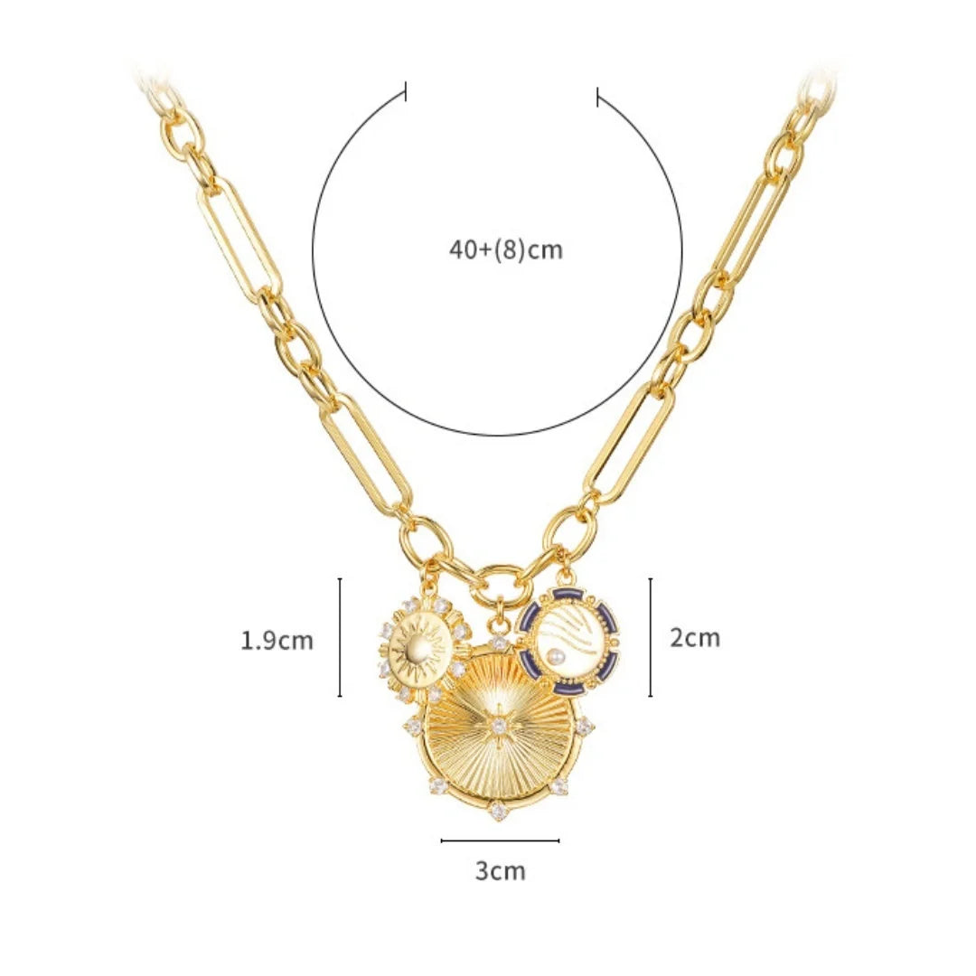 Gold sun pendant necklace with adjustable stainless steel chain