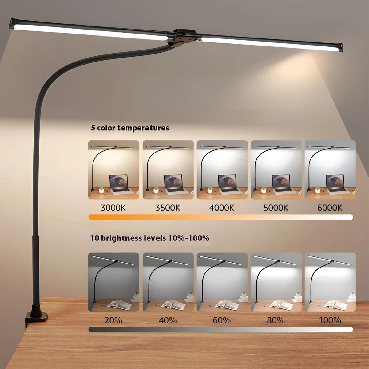 Black LED double-headed gooseneck table lamp with knob remote control, 62cm to 76cm, modern desk lamp