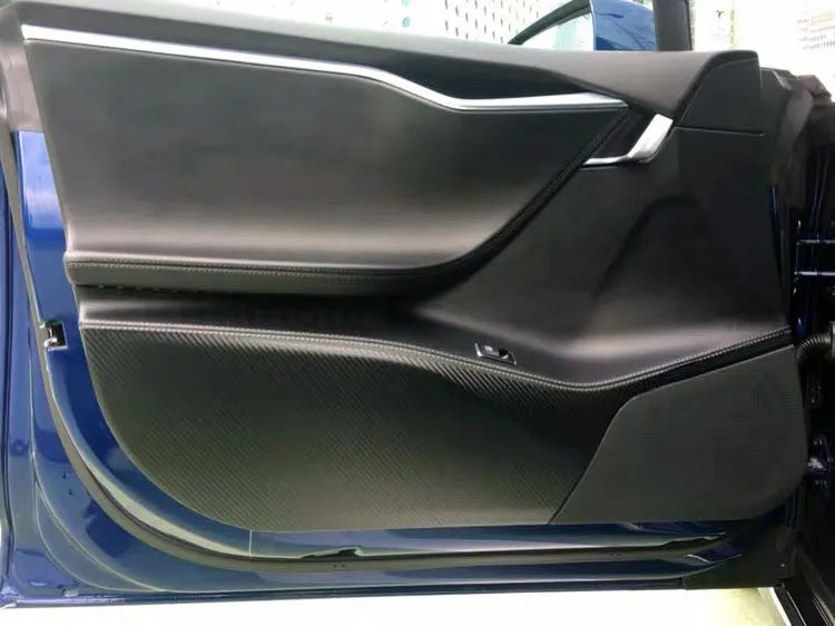 Carbon fibre protective film for Tesla Model S car doors showing four-piece set for front and rear door coverage