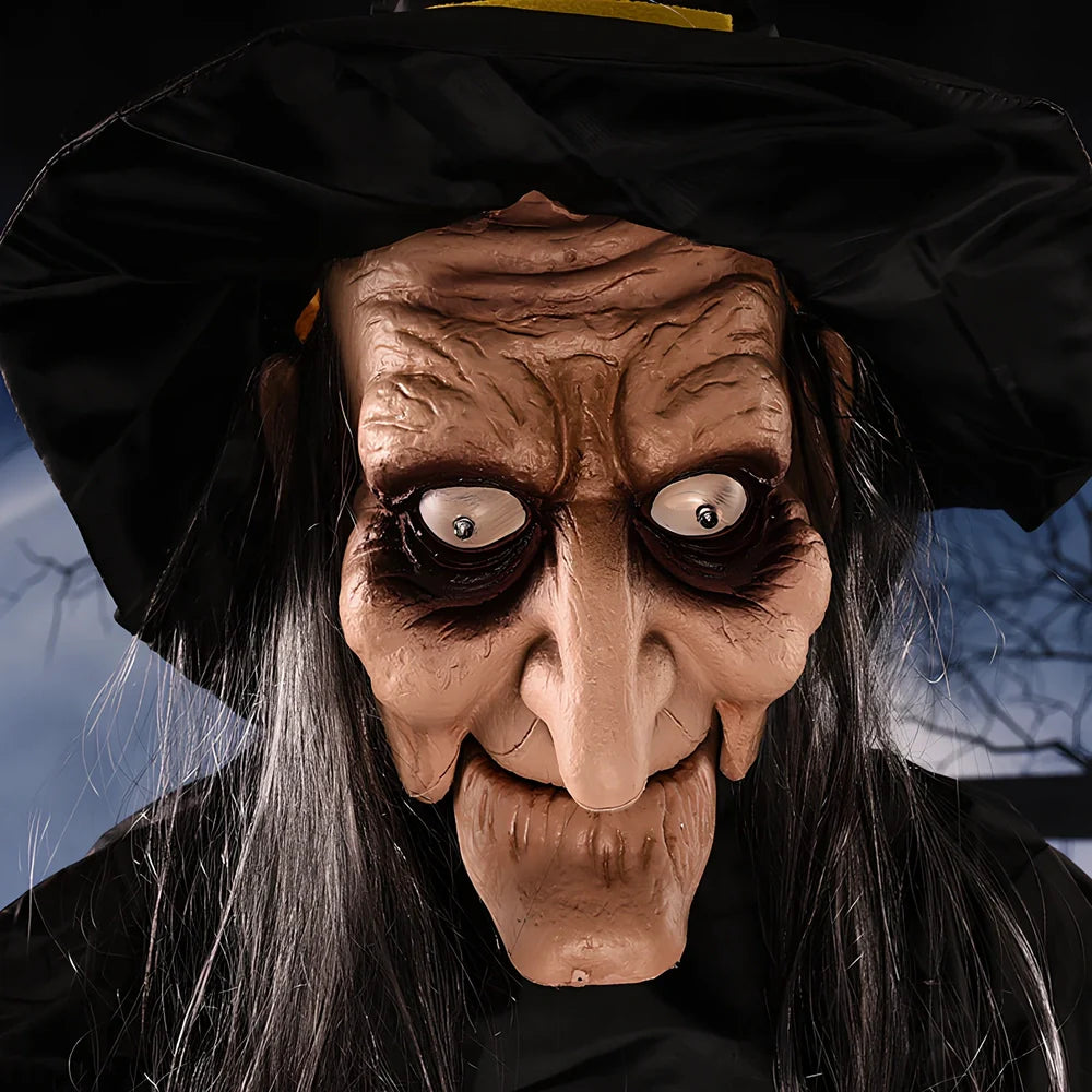 120cm black voice-activated electric witch prop with purple option for Halloween decorations, polyester material