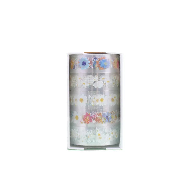 Five rolls of transparent adhesive tape with Midsummer Daisy cartoon pattern for diary decoration