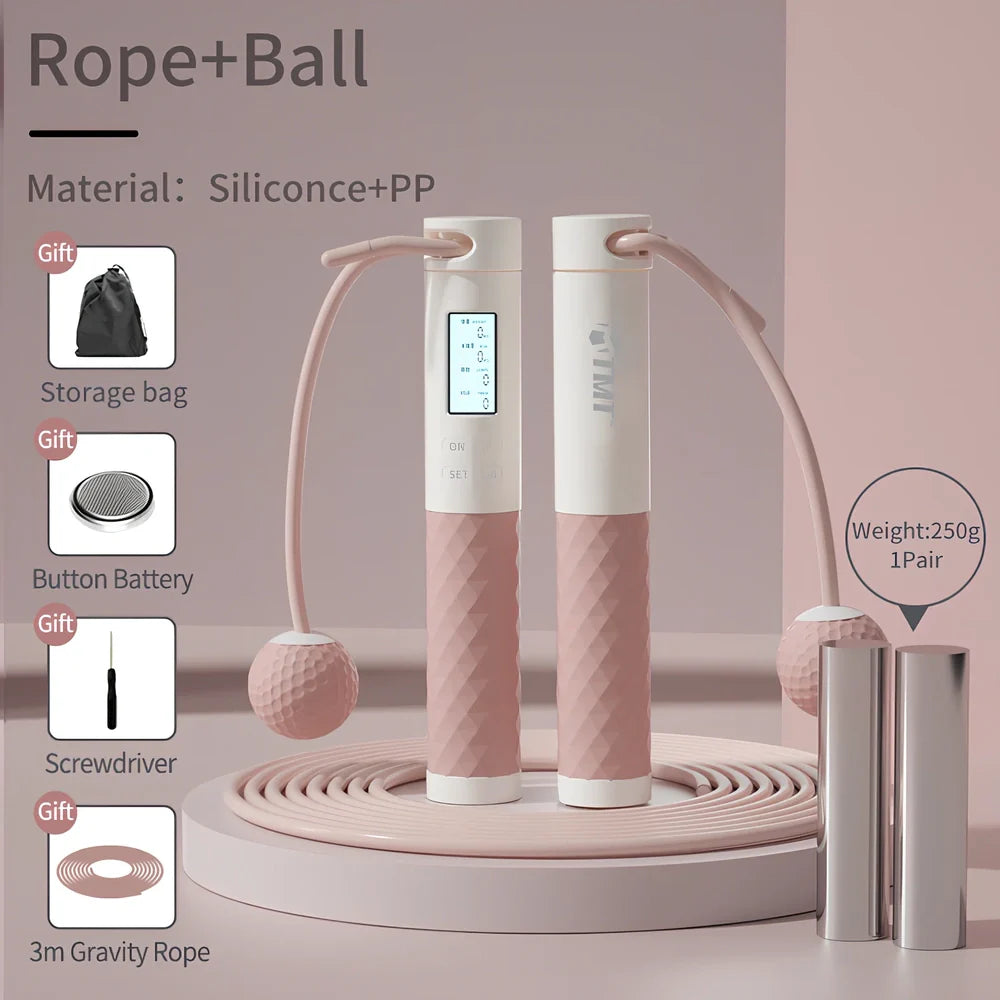 Digital counter jumping rope with adjustable length and silicone grips in black, blue, or pink colours