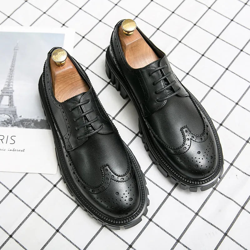 Men's black and brown business brogue shoes with round toe and artificial PU leather construction
