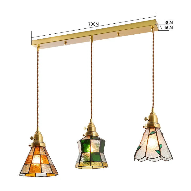Japanese retro brass and glass chandelier with hand-blown shades and walnut wood details