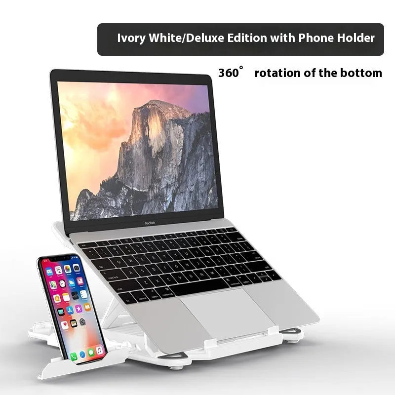 Black and white ABS plastic laptop bracket stand on a desk, showing its 300mm width and low 22mm profile.