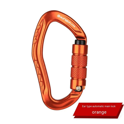 Automatic locking metal climbing carabiner with a manual safety screw on the gate, shown in silver finish.