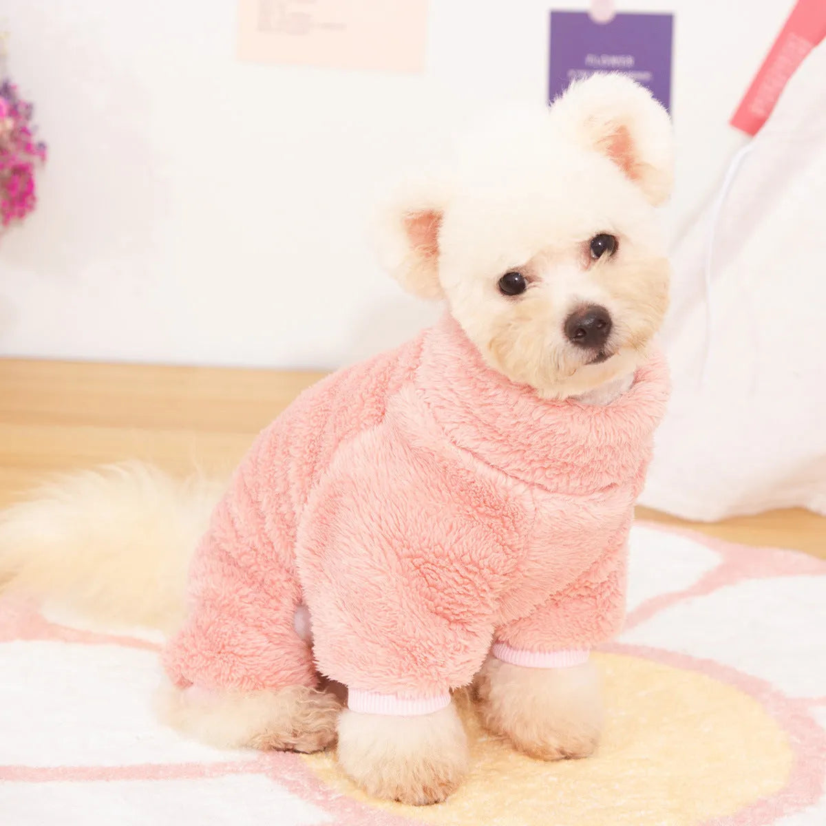 A dog wearing a blue, double-sided plush, four-legged coat with a high collar and a small towing ring visible.