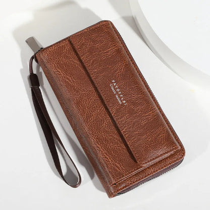 Men's black PU leather wallet showing multiple card slots and 19x10.5x4cm dimensions