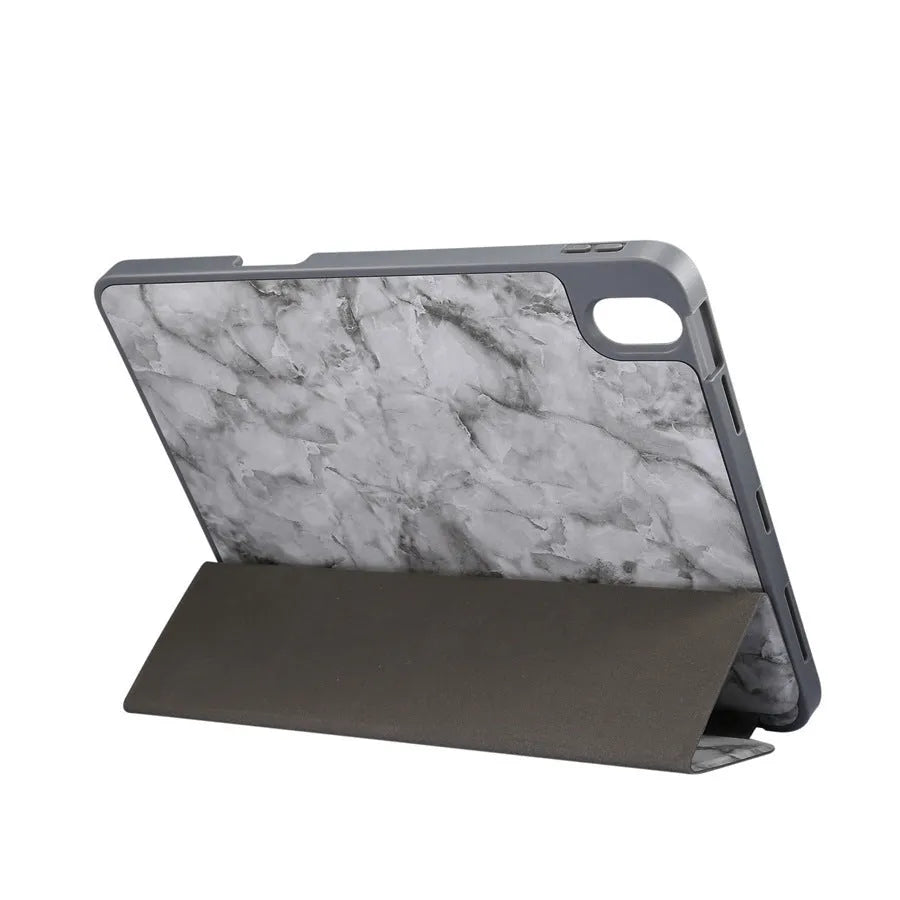 Tri-fold iPad case with marbling design showing pen slot and available in dark gray, creamy-white, purple, blue, and pink colours