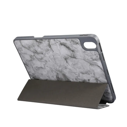 Tri-fold iPad case with marbling design showing pen slot and available in dark gray, creamy-white, purple, blue, and pink colours