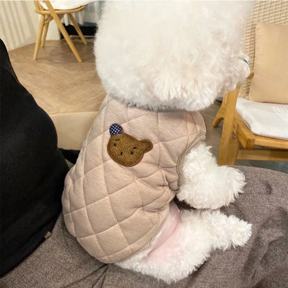 Quilted pet vest for small dogs with bear patch and polka-dot ears, padded dog gilet in cream or beige, sizes XS to XL.