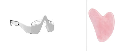 3D Eye Beauty Instrument micro-current massager in pink or white, showing glasses-like design and one-button control for eye relaxation