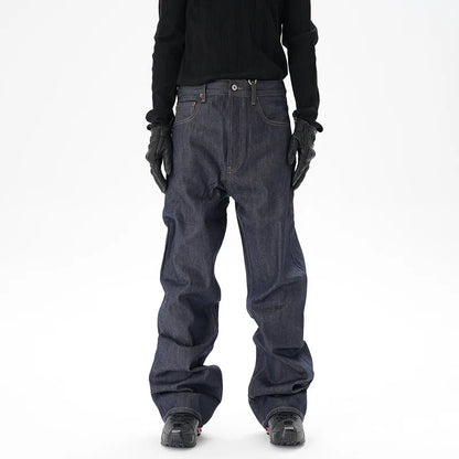 Men's dark blue loose straight-leg denim jeans laid flat, showing front view.