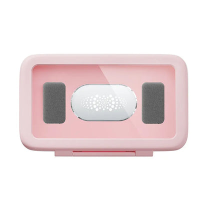 White waterproof phone holder mounted on tile with phone visible through anti-fog window showing music app