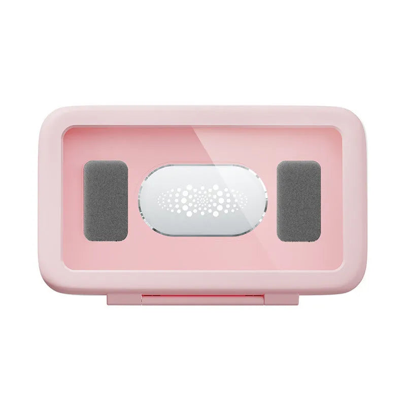 White waterproof phone case mounted on bathroom tile showing smartphone inside with touch screen accessible